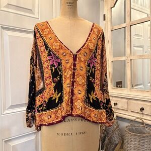Free People Bohemian Floral V-neck Women's Top Blouse w/Sleeve Tie Detail M Fall